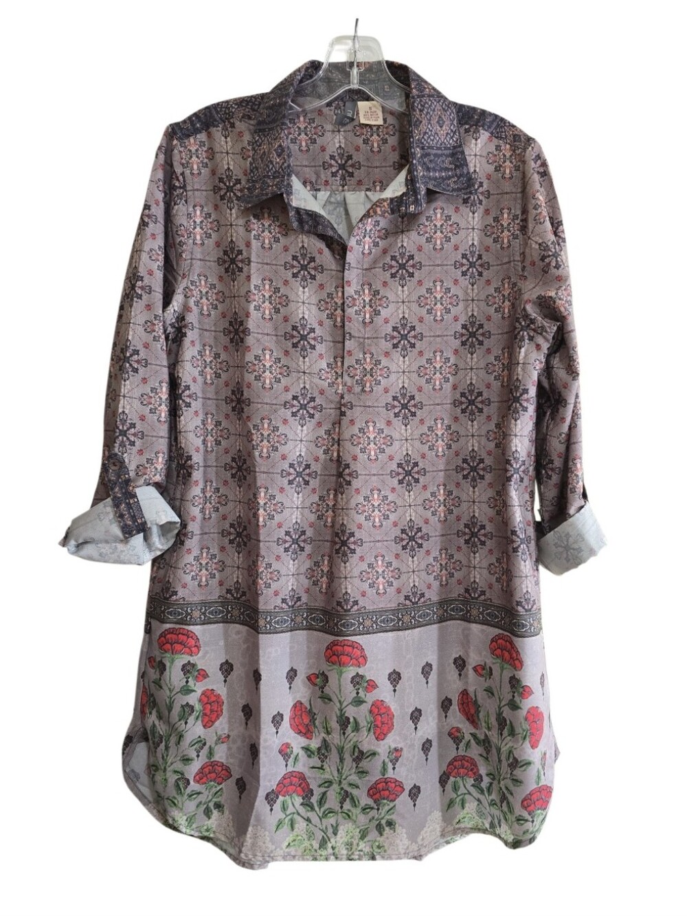 Anu by Natural Boho Floral Print Long Sleeve Tunic Blouse Roll Tab Sleeves Small